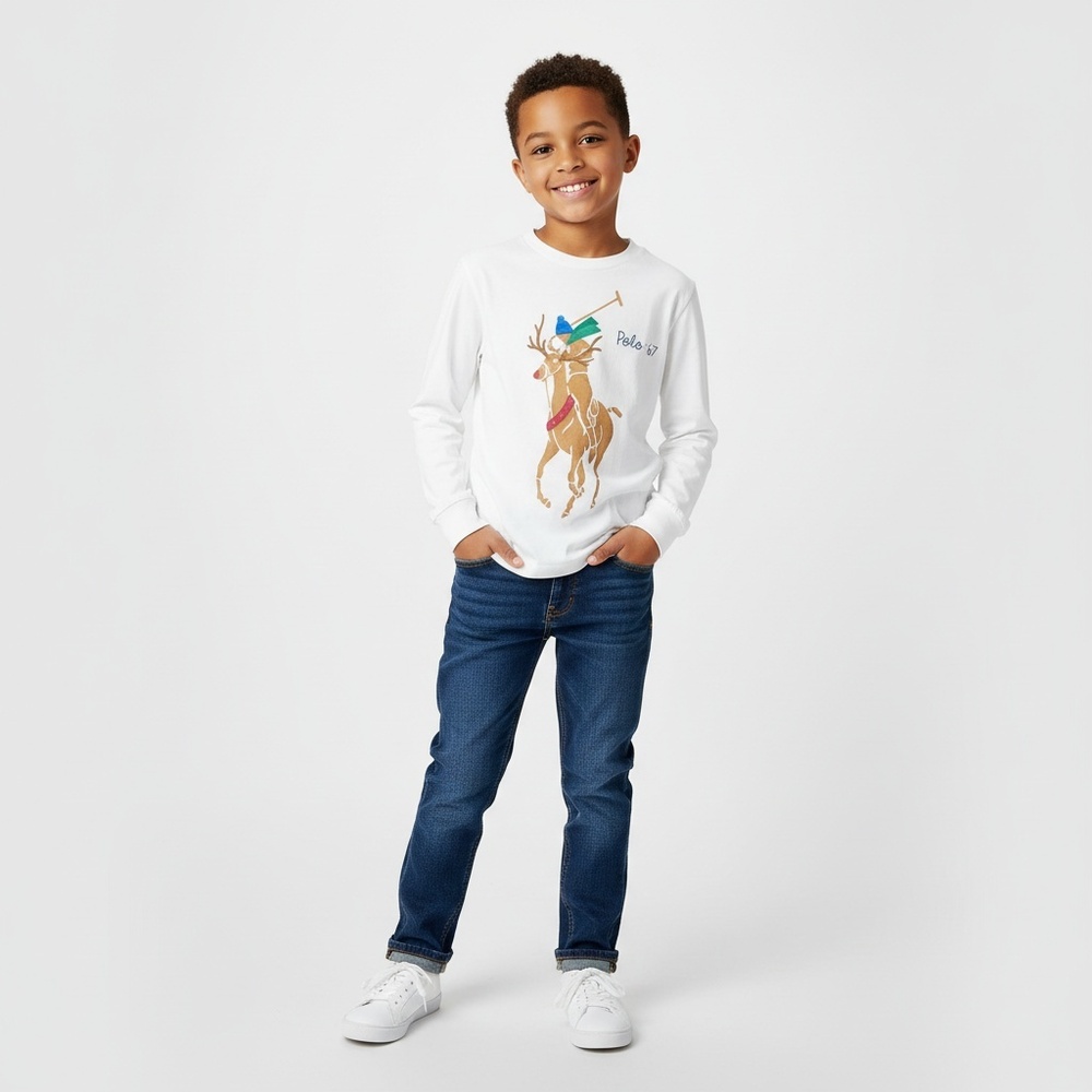 Polo Ralph Lauren Polo '67 Long Sleeve Reindeer Shirt Boys 6 White Holiday
